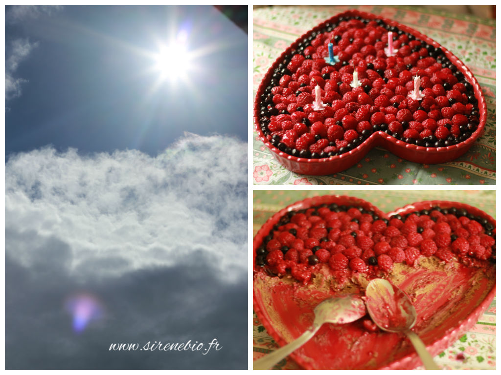 Tarte crue framboises, ciel céleste, anniversaire, famille, joie...