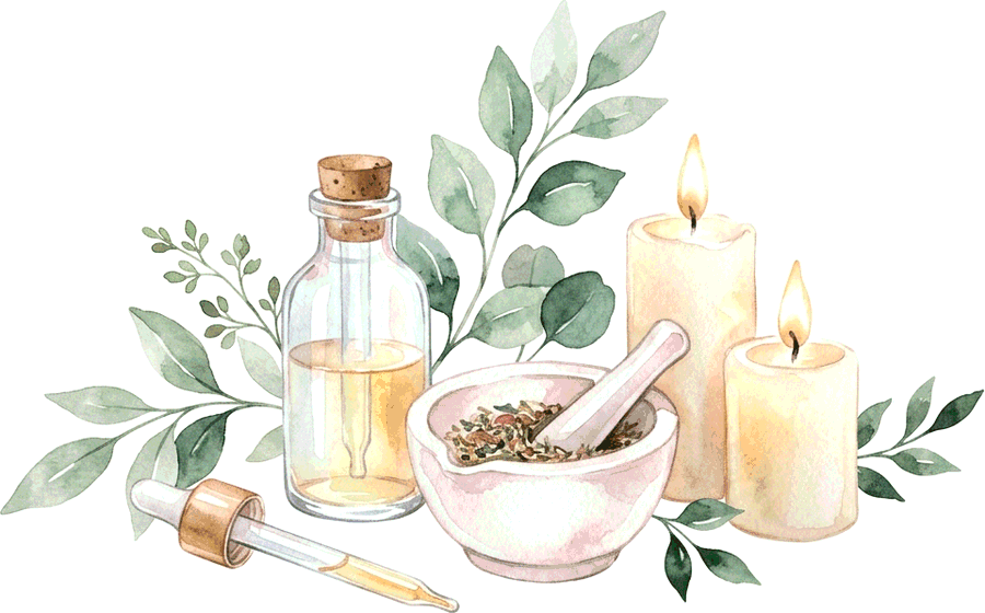 Aquarelle : un flacon d'huile végétale et sa pipette, un mortier de plantes séchées, deux bougies et des feuillages